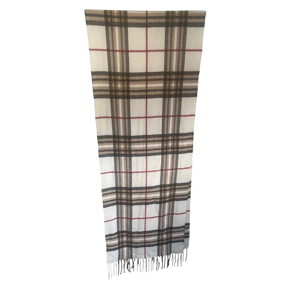 100% Cashmere Plaid Scarf Made in Scotland Cream Tan Black Check Fringe Trim